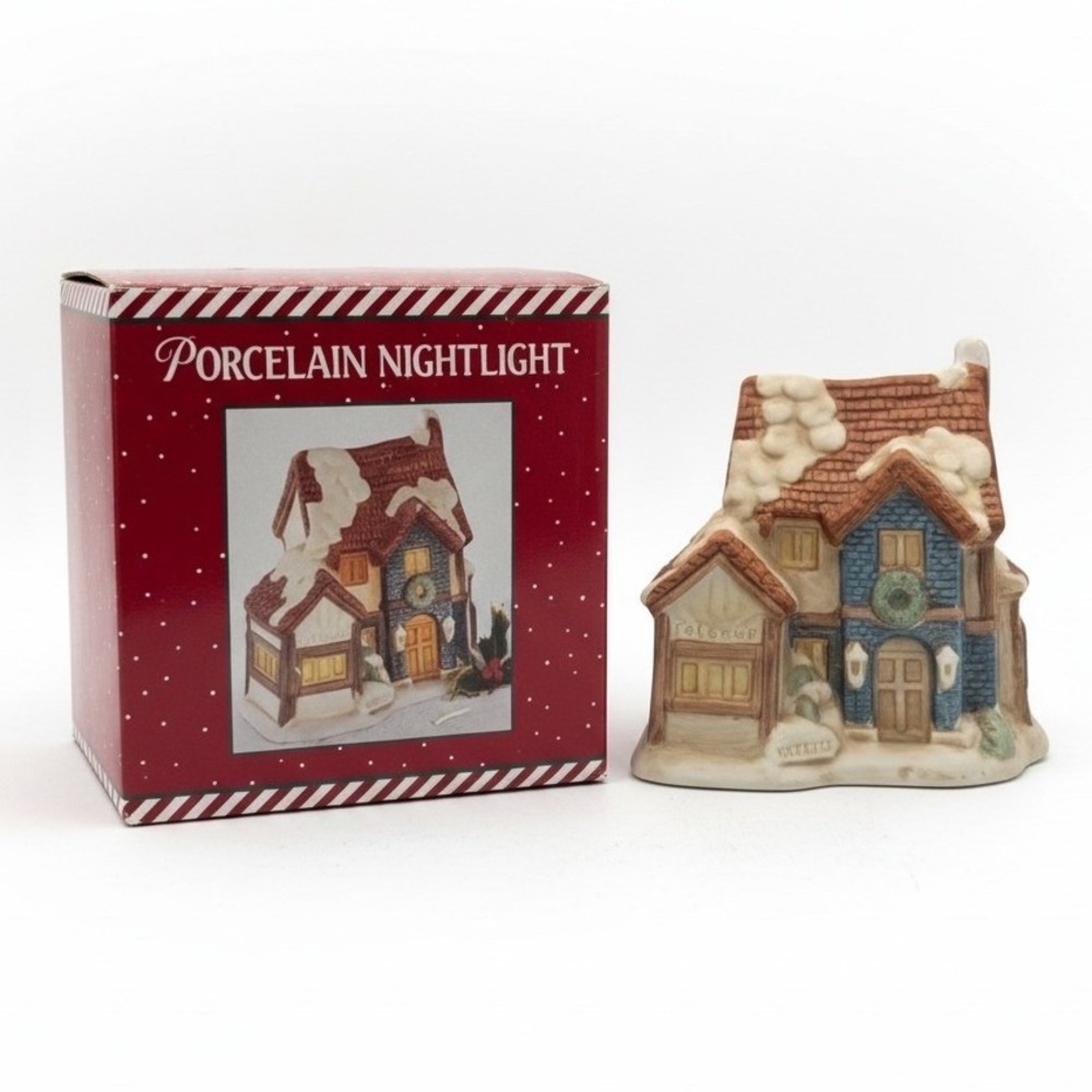 Vintage Porcelain Toy Shop Village House Christmas Nightlight Boxed Decor
